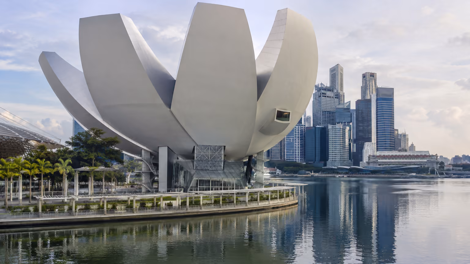Close view of the curved white exterior forms of Singapore's ArtScience Museum reflected in its