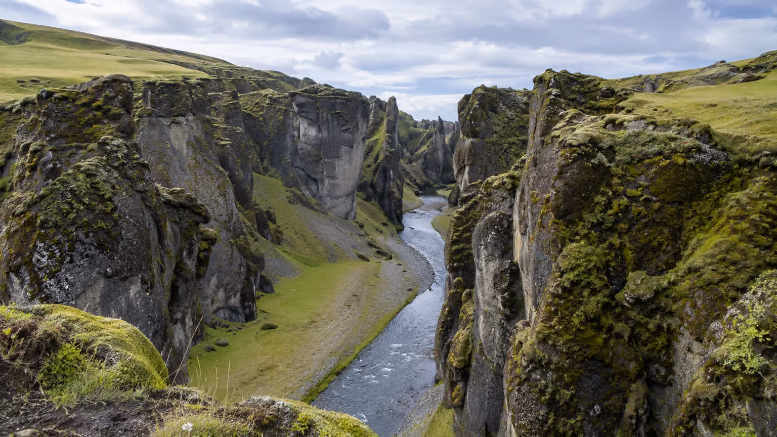 Fjadrargljufur canyon Iceland viewed safely from an elevated established path