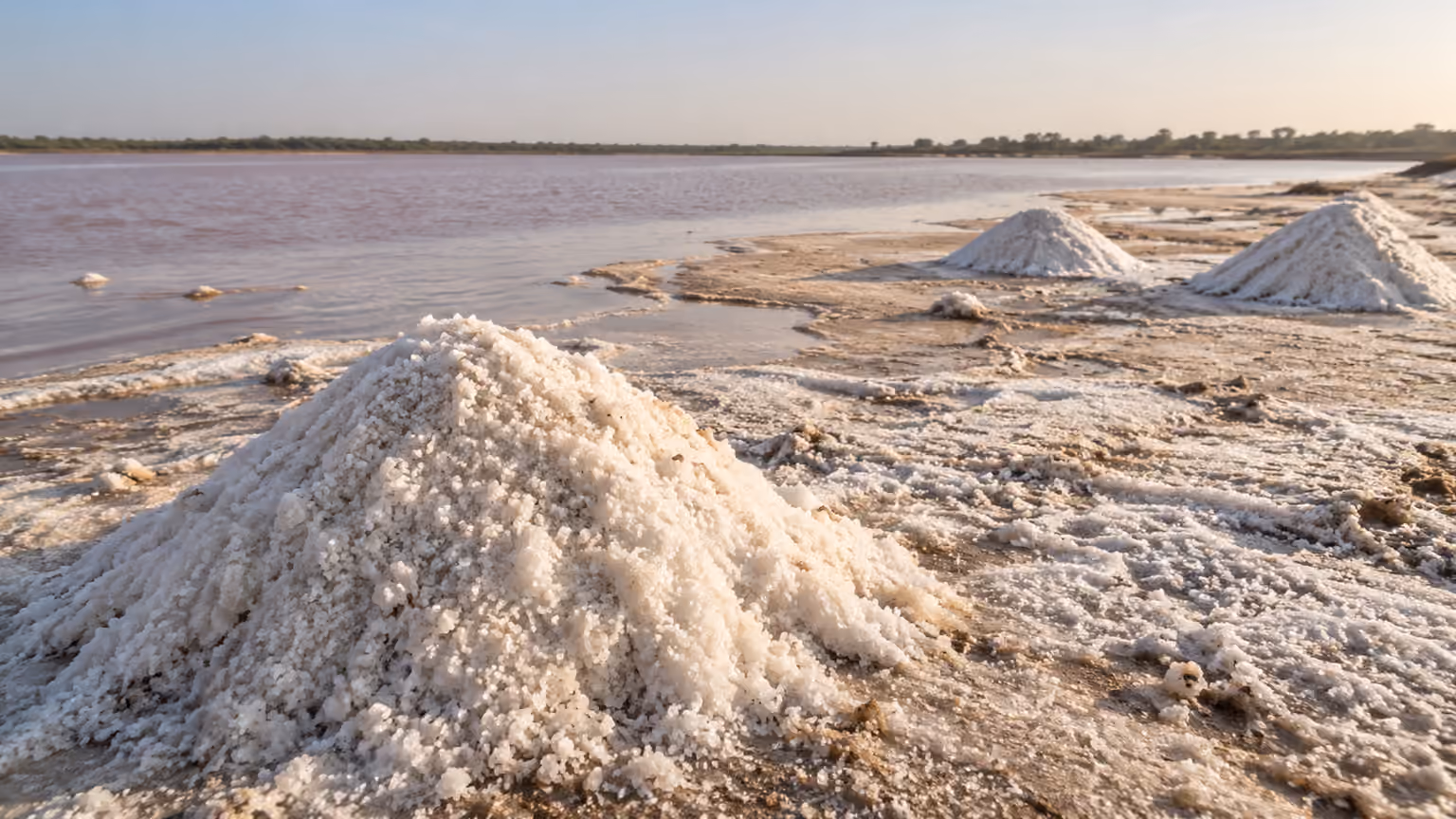 Low white salt heaps and salt-crusted ground beside shallow water at Lake Retba