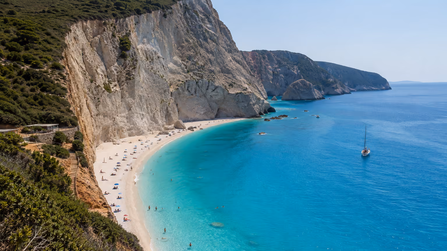 Porto Katsiki’s pale cliffs and turquoise water on Lefkada, Greece