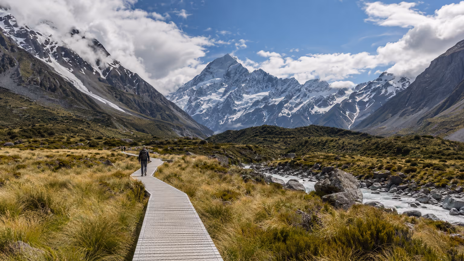 A public walking path through Hooker Valley New Zealand with natural tussock grass