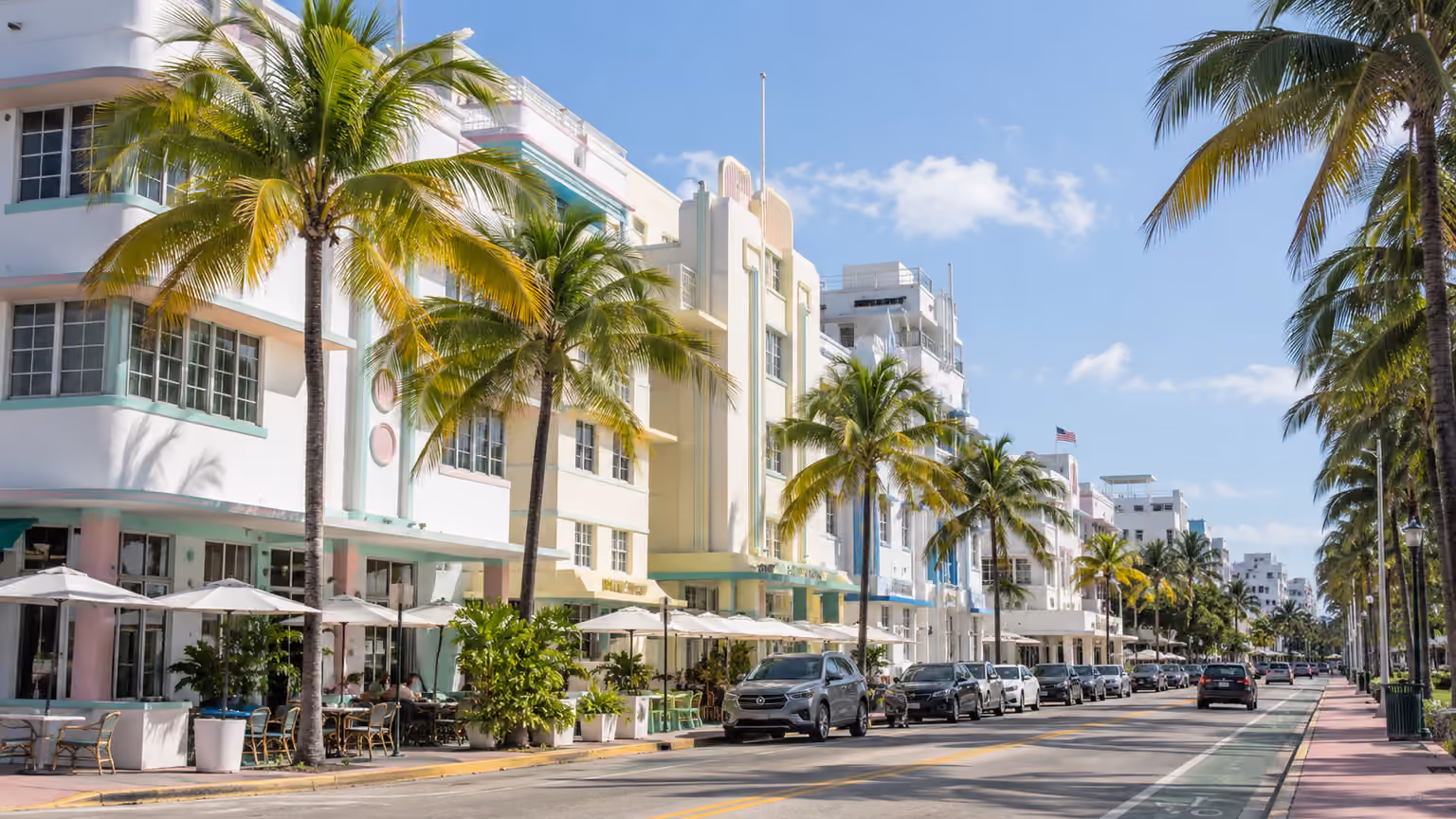 Pastel Art Deco facades along Ocean Drive in South Beach Miami with their streamlined geometry