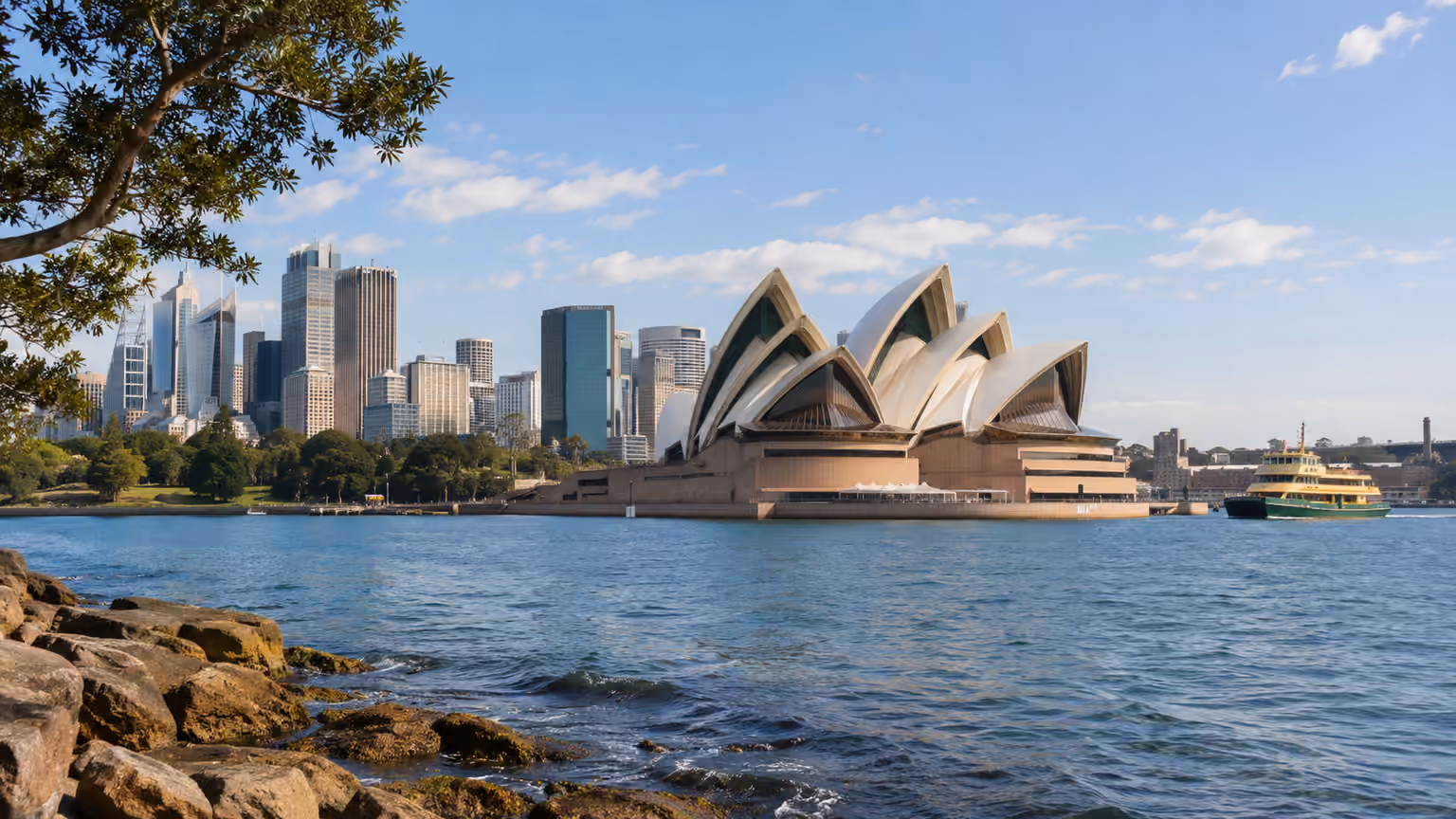 Sydney Opera House and harbour seen from a foreshore viewpoint