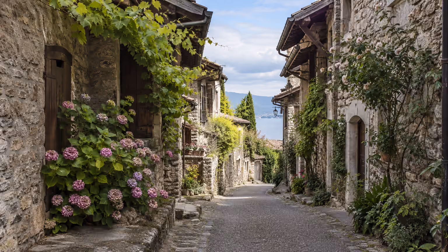 A narrow Yvoire village lane with weathered stone houses