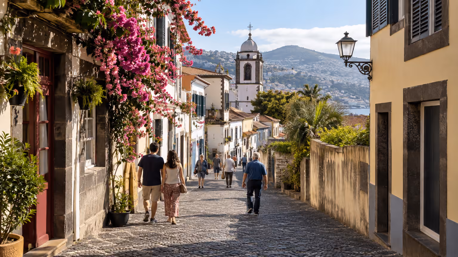 A cobbled street and Portuguese facades in Funchal’s old town