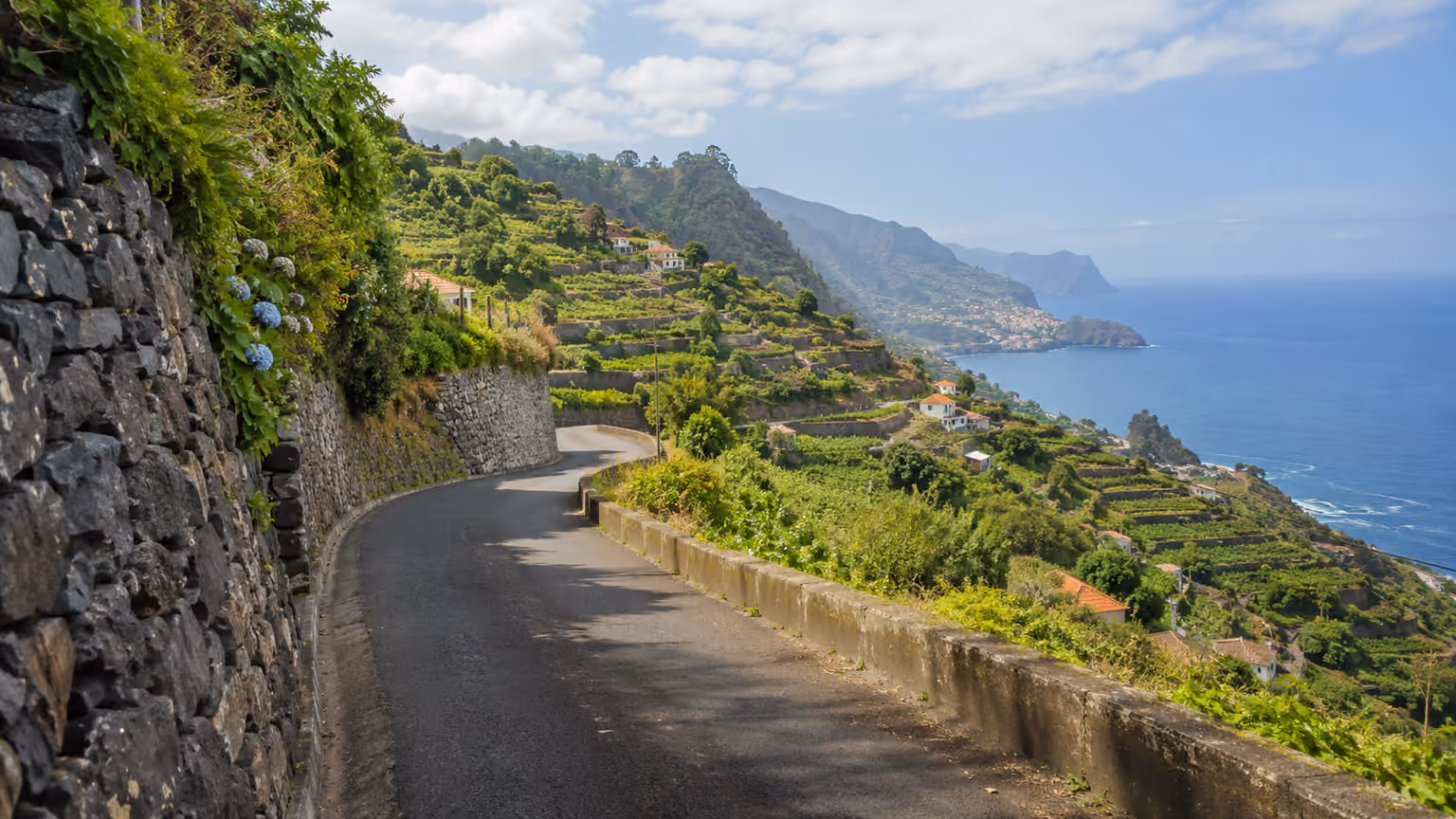 A narrow but paved road through terraced green hills on Madeira