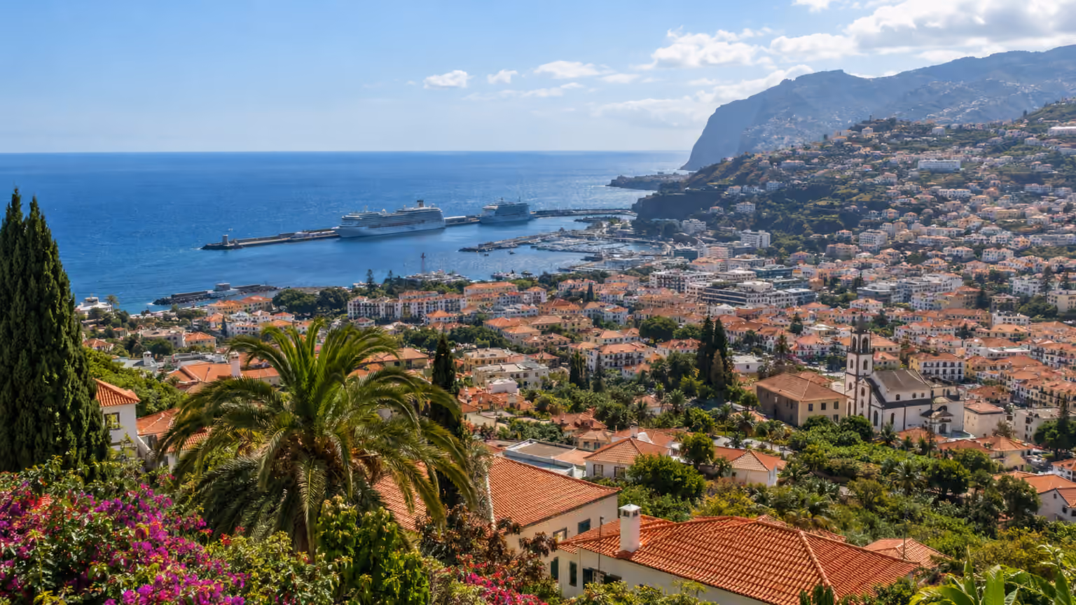 Funchal Madeira seen from a hillside viewpoint with terracotta rooftops