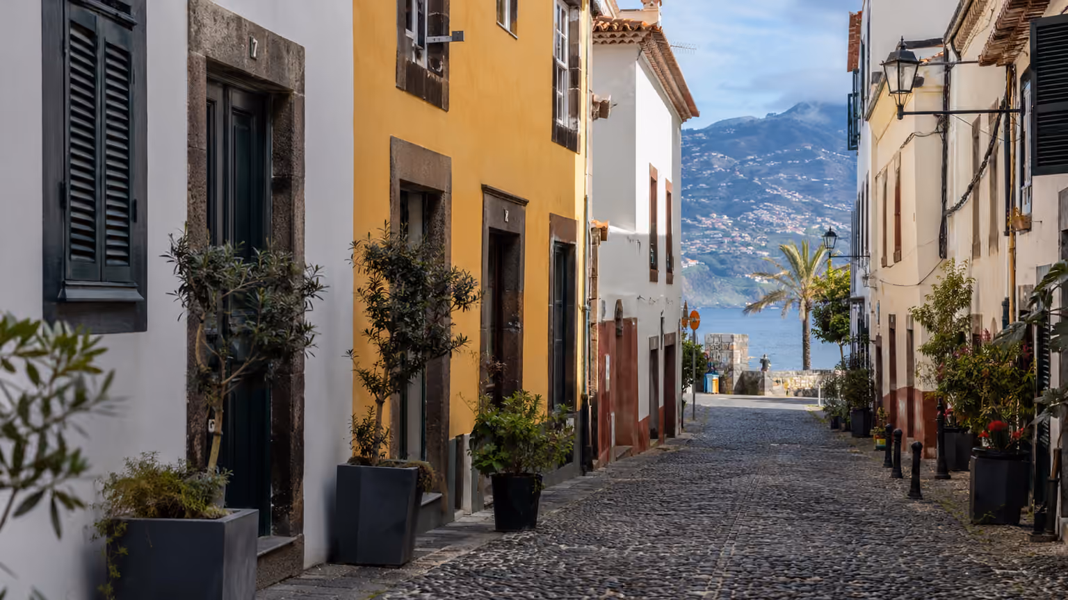 A quiet pedestrian lane in Funchal's Zona Velha on Madeira with Portuguese facades and natural