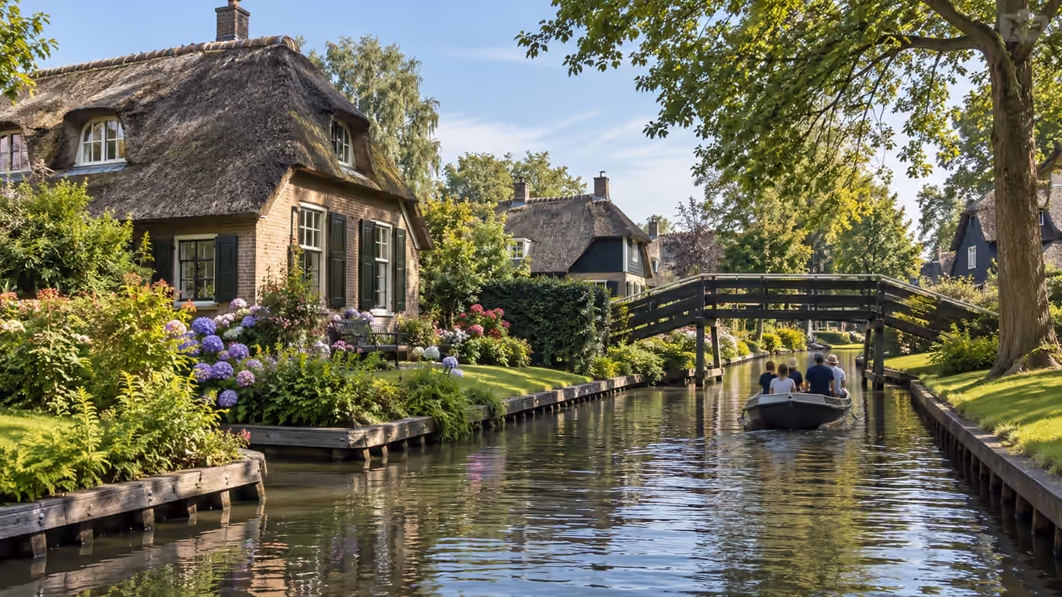 Thatched cottages and a wooden bridge beside a canal with a small boat