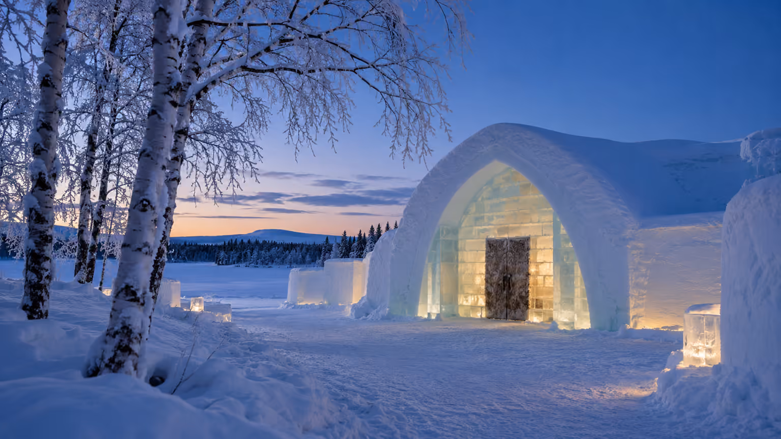 An illuminated arched ice entrance beside snow-covered birch trees at twilight