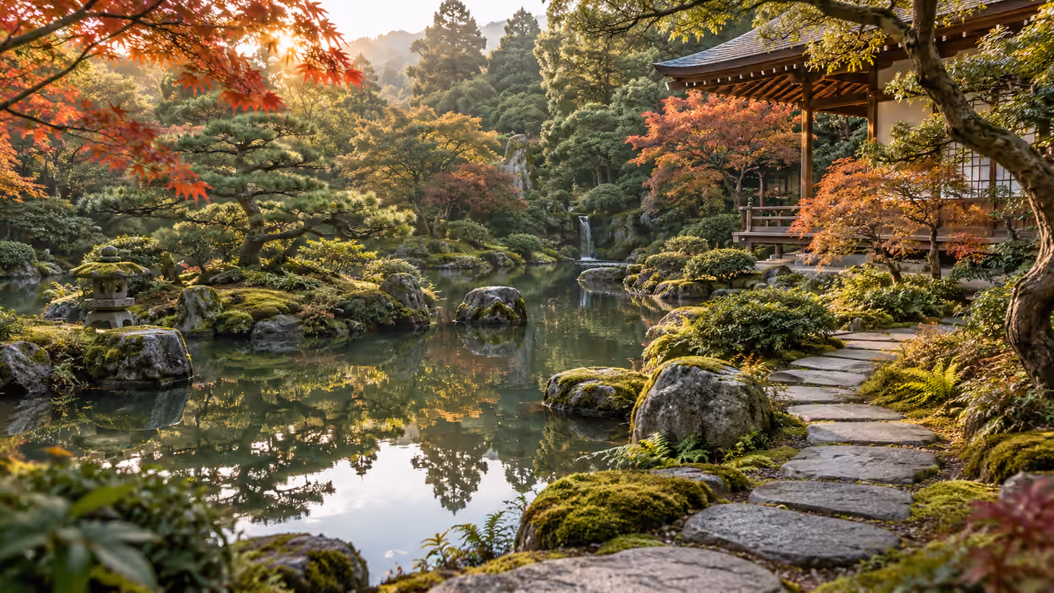 A Japanese pond garden with mossy rocks, maple trees and a wooden temple veranda