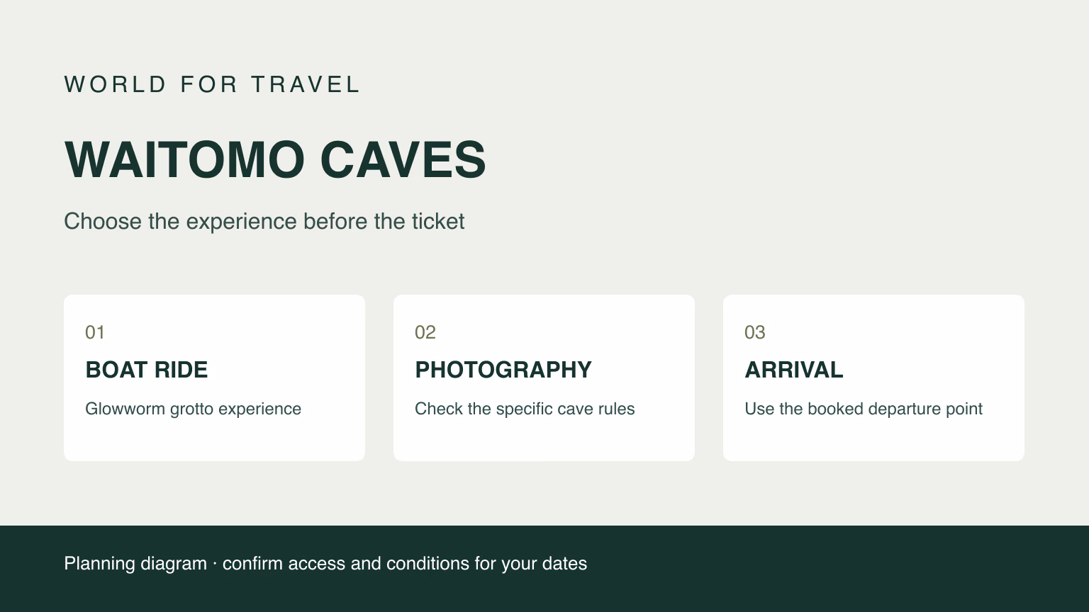 A diagram comparing a glowworm boat ride, cave photography, and departure checks