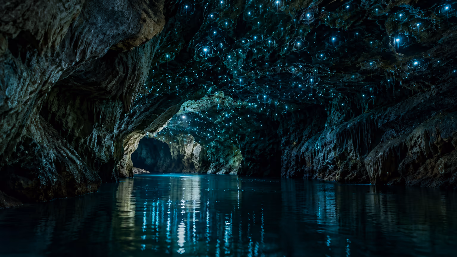 Blue glowworms lighting a limestone cave above dark underground water