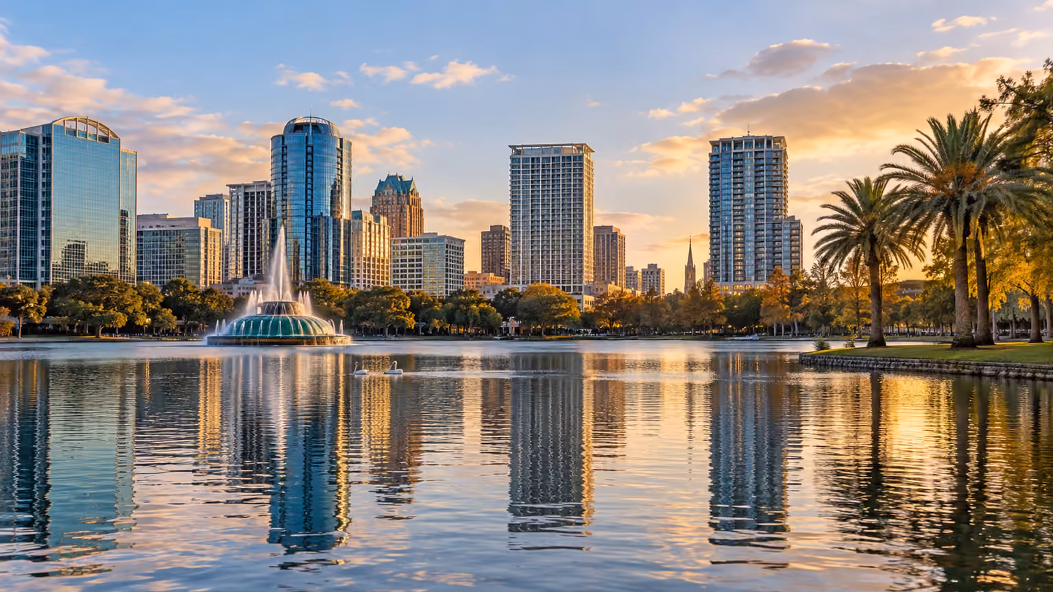 Lake Eola fountain and downtown Orlando skyline reflected in the water at sunset