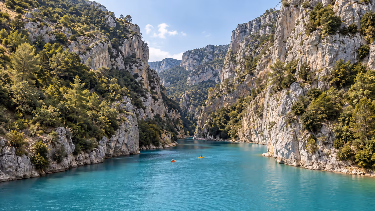 Turquoise water between limestone canyon walls with two small kayaks in Verdon