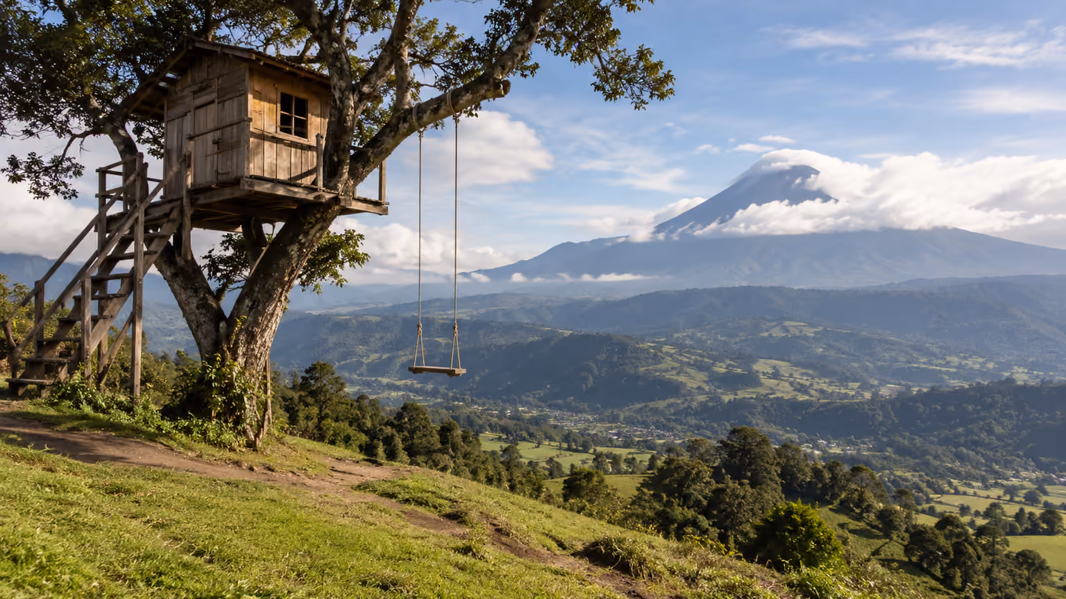 A rustic treehouse and empty rope swing above a green Andean valley and distant volcano