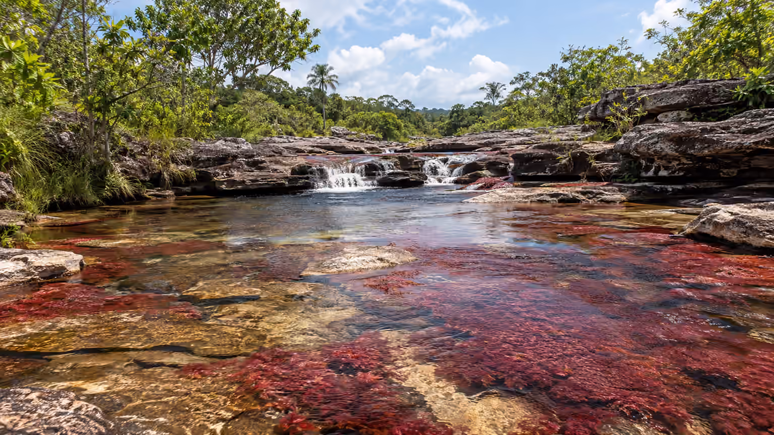 Red aquatic plants beneath clear shallow water and rock pools in Caño Cristales