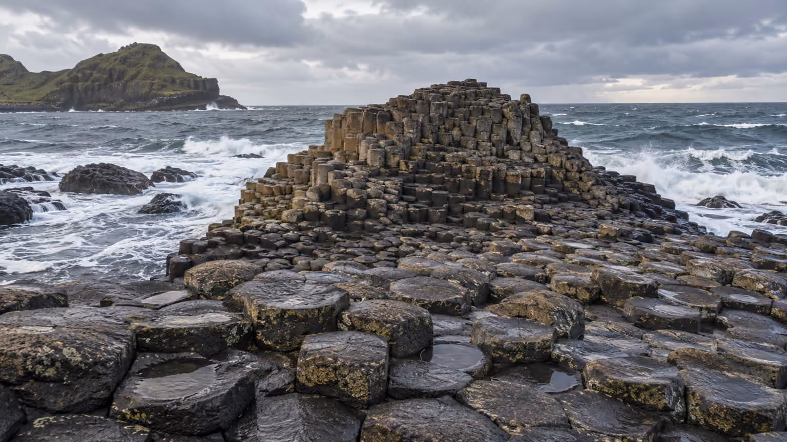 Hexagonal basalt columns along the wave-washed coast of Northern Ireland