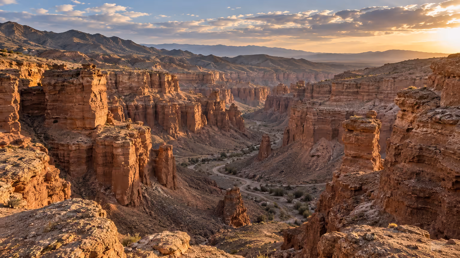 Layered red sandstone cliffs and a winding dry valley in Kazakhstan’s Charyn Canyon