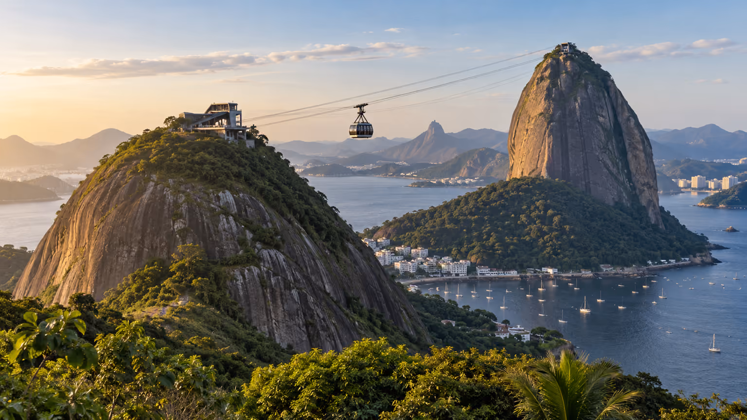 A cable car between Morro da Urca and Sugarloaf above Rio de Janeiro and Guanabara Bay