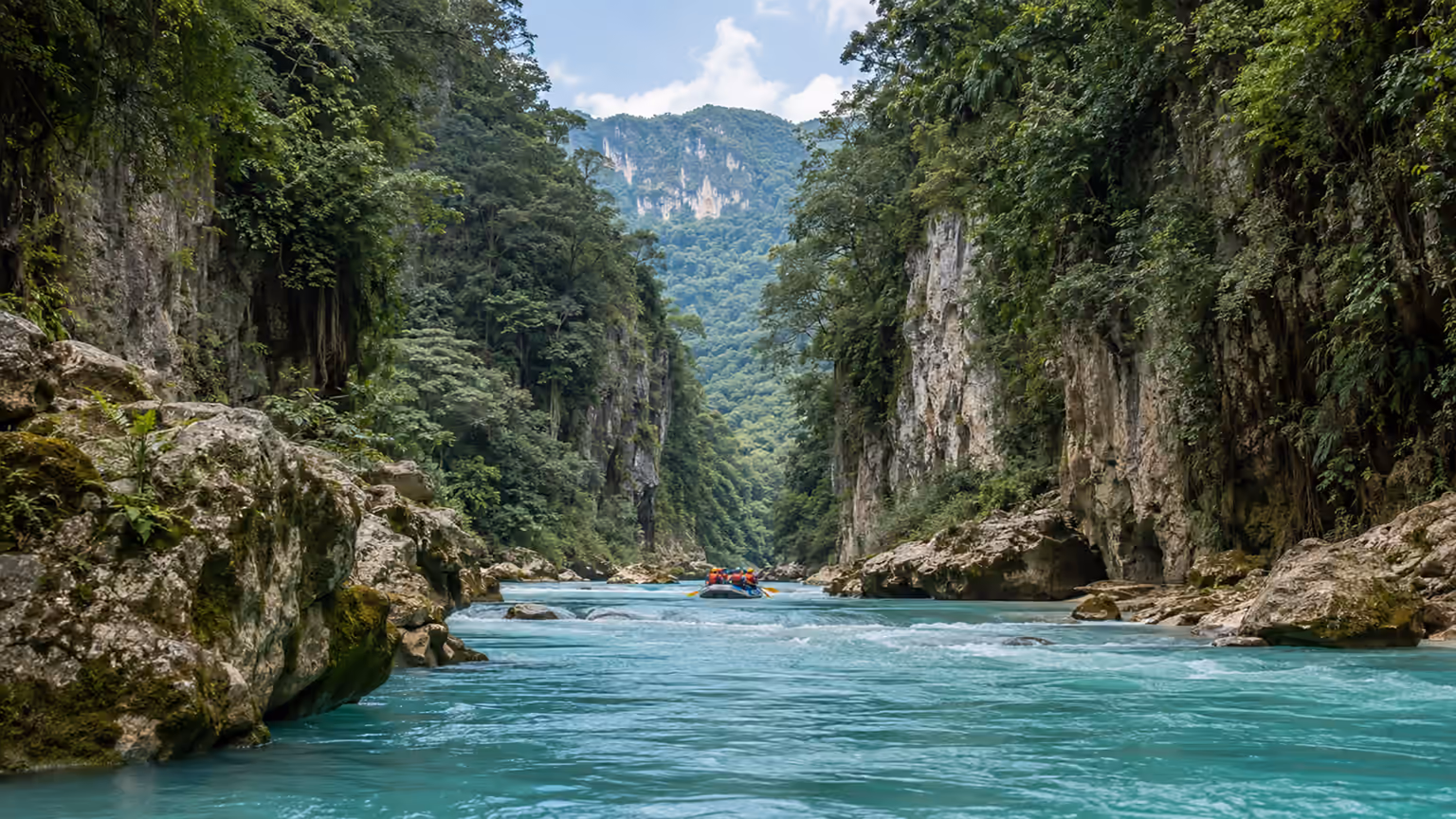 Rafters on turquoise Río Tampaón water between high wooded limestone canyon walls