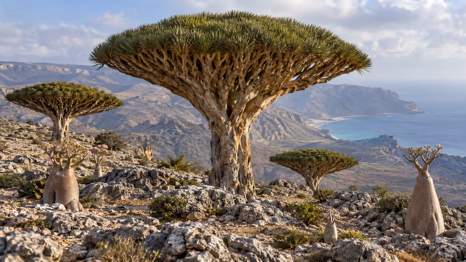 Umbrella-shaped dragon blood trees scattered across a rocky plateau on Socotra