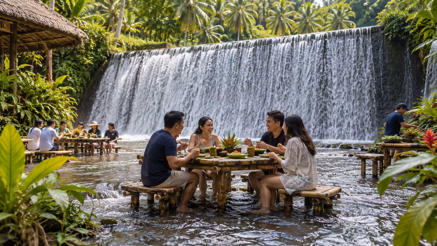 Bamboo dining tables in shallow water beside a low waterfall and tropical vegetation